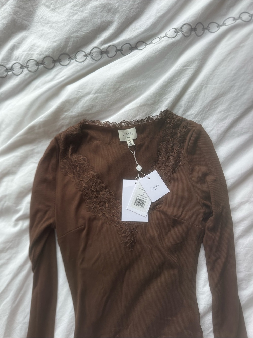 Cami NYC Brown Lace-Trim V-Neck Long Sleeve Sleep Top - Picture 3 of 4
